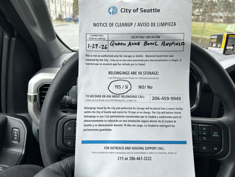 City of Seattle homeless encampment cleanup at Queen Anne Bowl Playfield, 2026-01-29 (Queen Anne)