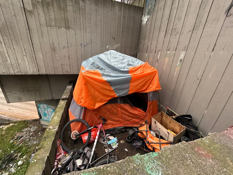 City of Seattle homeless encampment cleanup at Freeway Park Seneca St Side, 2026-02-21 (Downtown Commercial Core)